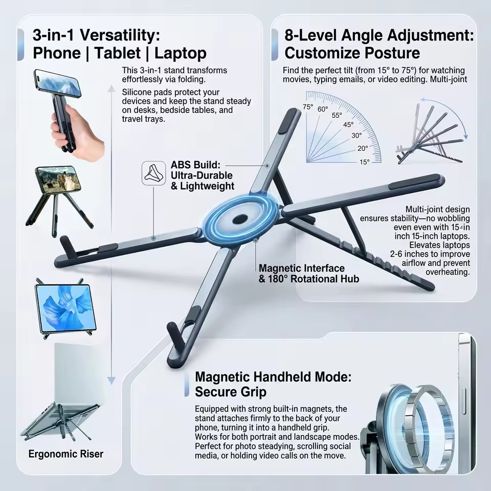 Laptop Stand - Tragbarer Magnetischer Handyhalter & Selfie-Stick 3-in-1